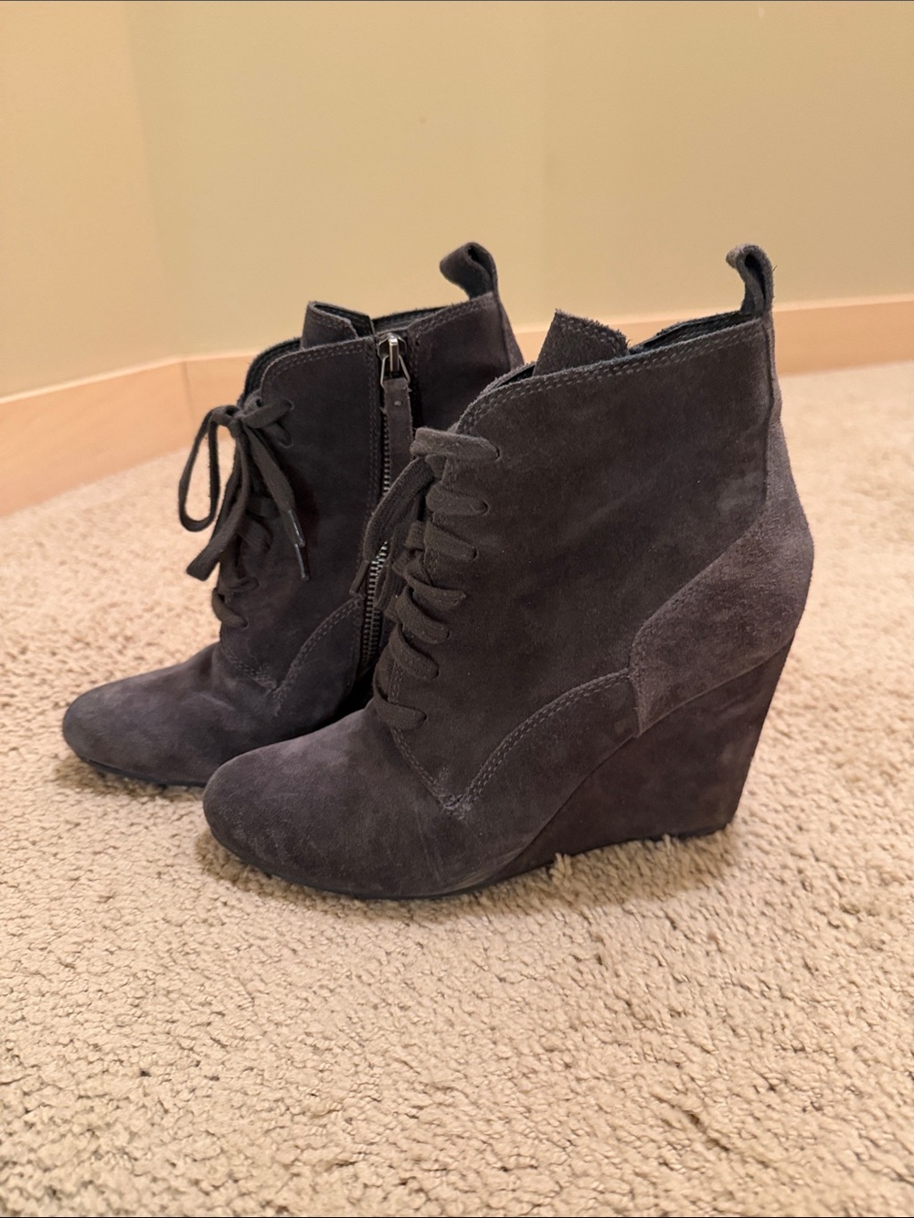 Dolce Vita Charcoal Suede Lace-Up Wedge Booties